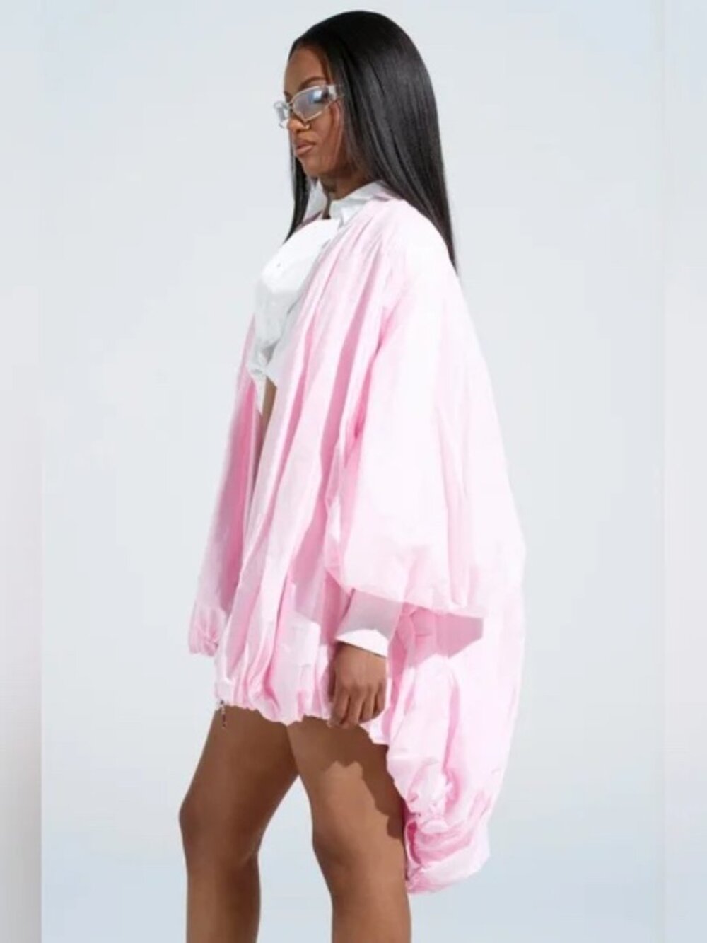 AKIRA Oversized Streetwear Pink Floating Nylon Hi-Low Bubble Bomber Jacket
